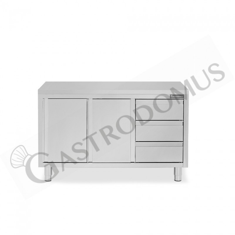 Tavolo armadiato, 2 porte scorrevoli, 3 cassetti sul lato destro, L 1400 mm x P 700 mm x H 850 mm Tavolo armadiato, 2 porte scorrevoli, 3 cassetti sul lato destro, L 1400 mm x P 700 mm x H 850 mm
