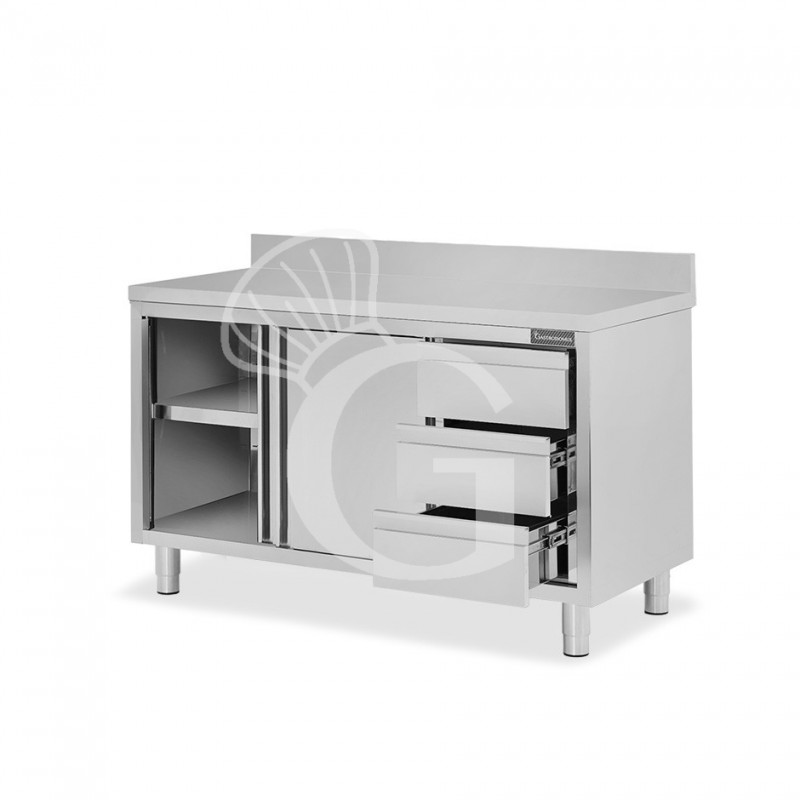 Tavolo armadiato,2 porte scorrevoli,3 cassetti a destra, alzatina, L1500 x P700 x H950mm