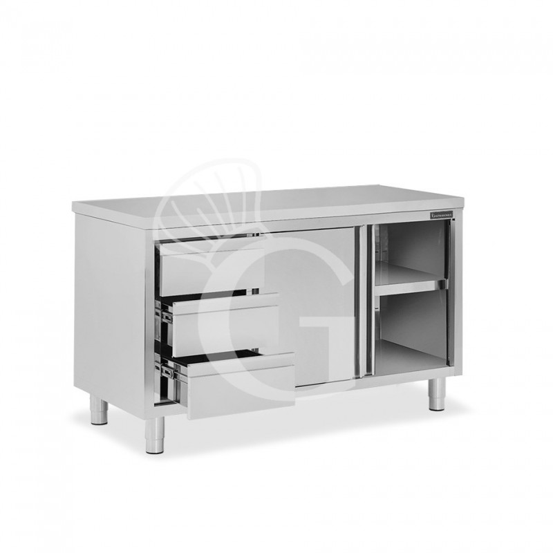 Tavolo armadiato, 2 porte scorrevoli, 3 cassetti sul lato sinistro, L 1500 mm x P 700 mm x H 850 mm