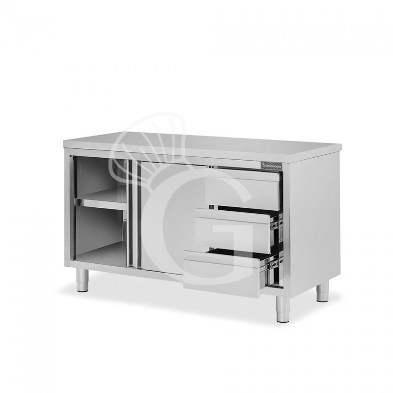 Tavolo armadiato, 2 porte scorrevoli, 3 cassetti sul lato destro, L 1600 mm x P 700 mm x H 850 mm
