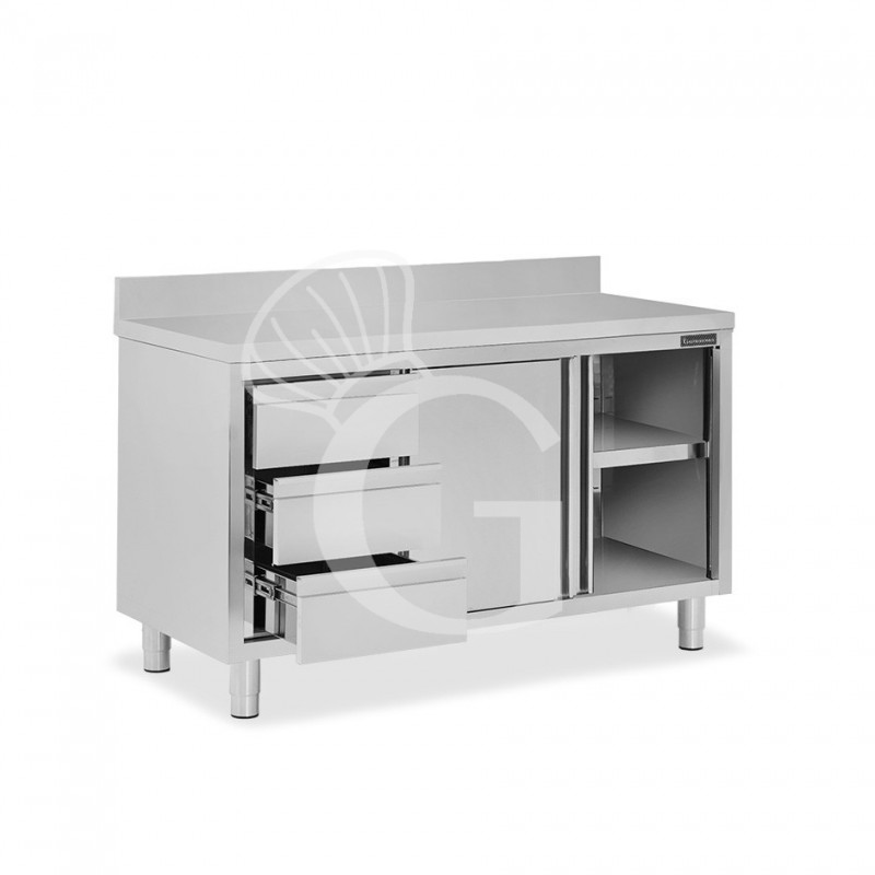 Tavolo armadiato,2 porte scorrevoli,3 cassetti a sinistra, alzatina, L1600 x P600 x H950mm