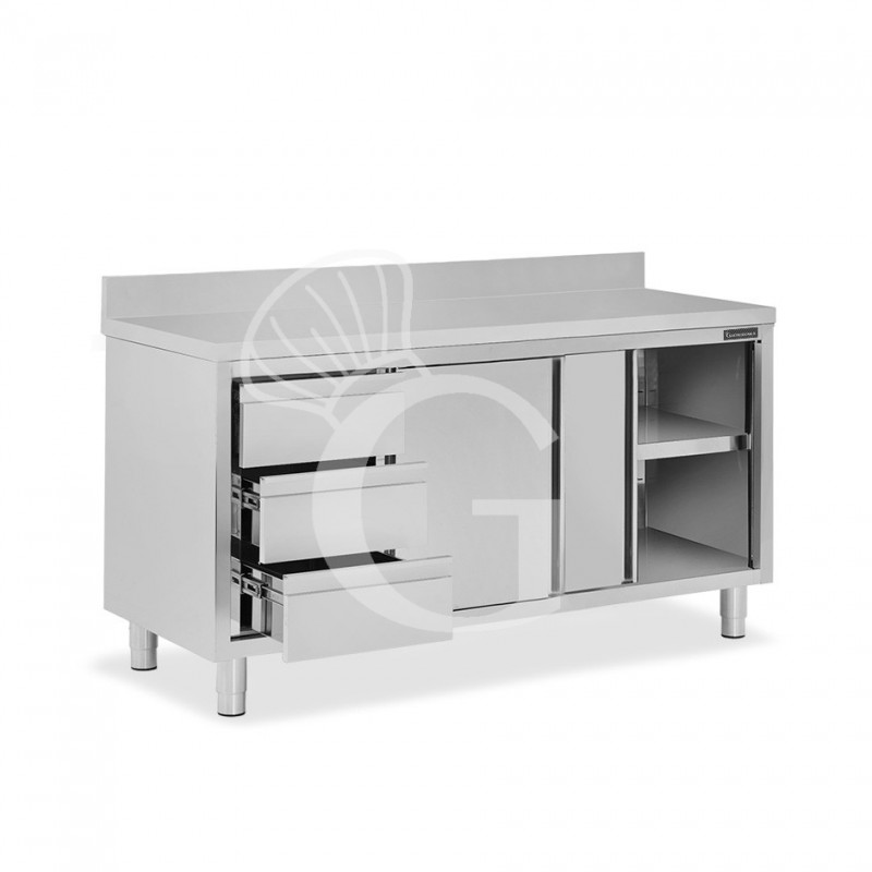 Tavolo armadiato,2 porte scorrevoli,3 cassetti a sinistra, alzatina, L1800 x P600 x H950mm