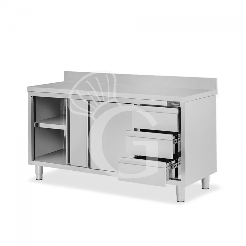 Tavolo armadiato,2 porte scorrevoli,3 cassetti a destra, alzatina, L1800 x P600 x H950mm