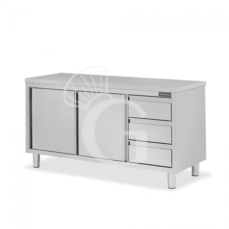 Tavolo armadiato, 2 porte scorrevoli, 3 cassetti sul lato destro, L 1800 mm x P 700 mm x H 850 mm