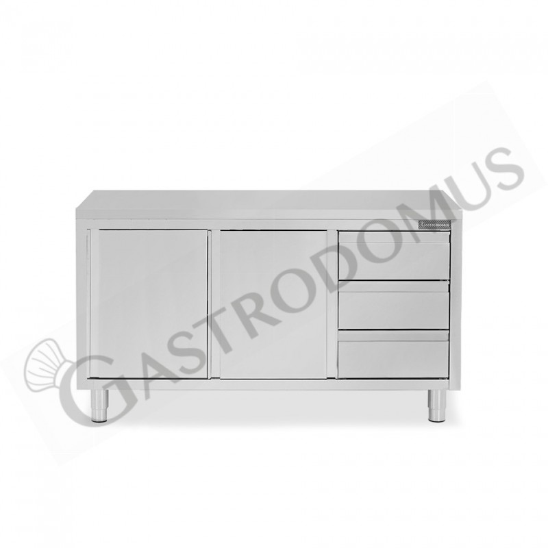 Tavolo armadiato, 2 porte scorrevoli, 3 cassetti sul lato destro, L 1800 mm x P 700 mm x H 850 mm Tavolo armadiato, 2 porte scorrevoli, 3 cassetti sul lato destro, L 1800 mm x P 700 mm x H 850 mm