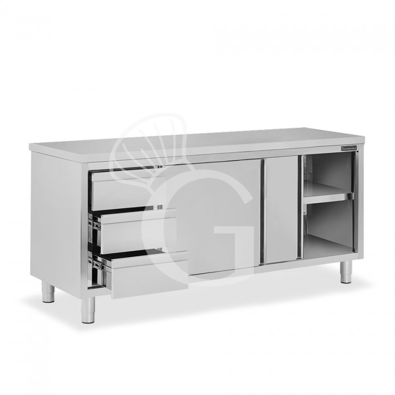 Tavolo armadiato, 2 porte scorrevoli, 3 cassetti sul lato sinistro, L 1900 mm x P 700 mm x H 850 mm