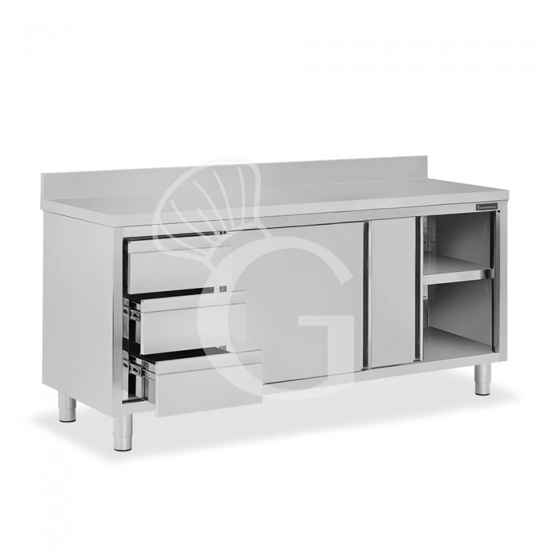 Tavolo armadiato,2 porte scorrevoli,3 cassetti a sinistra, alzatina, L2000 x P700 x H950mm