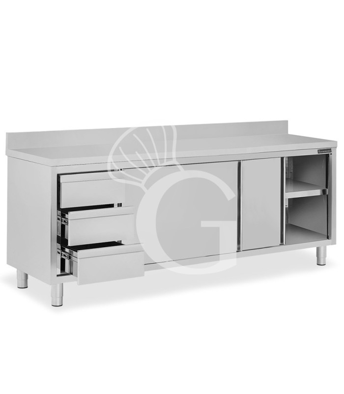 Tavolo armadiato,2 porte scorrevoli,3 cassetti a sinistra, alzatina, L2200 x P700 x H950mm