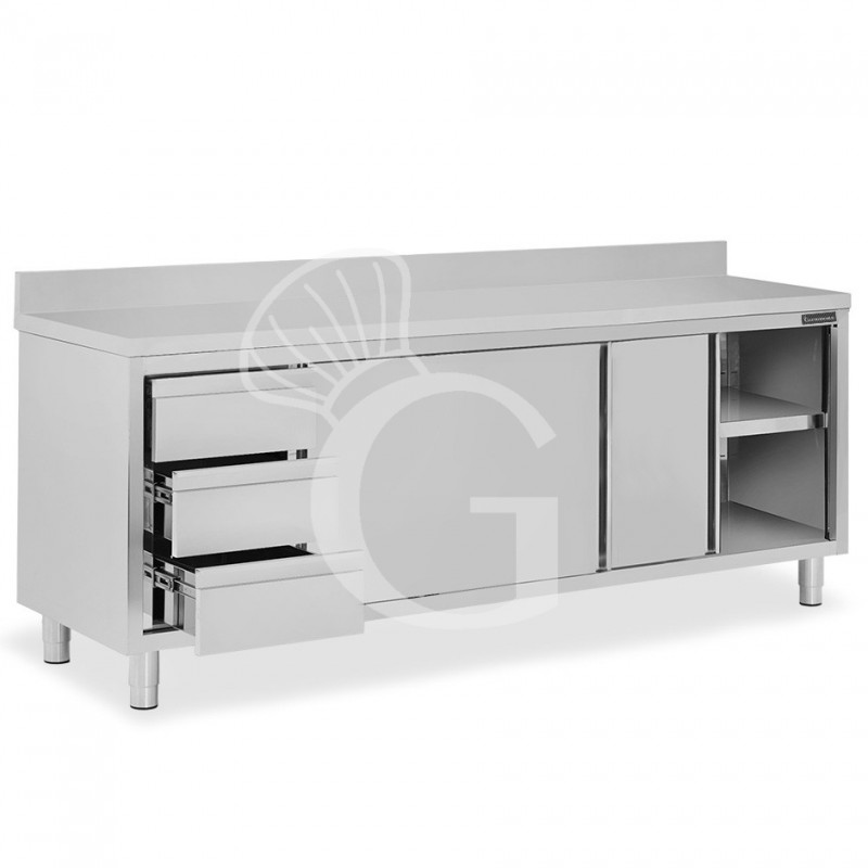 Tavolo armadiato,2 porte scorrevoli,3 cassetti a sinistra, alzatina, L2200 x P600 x H950mm
