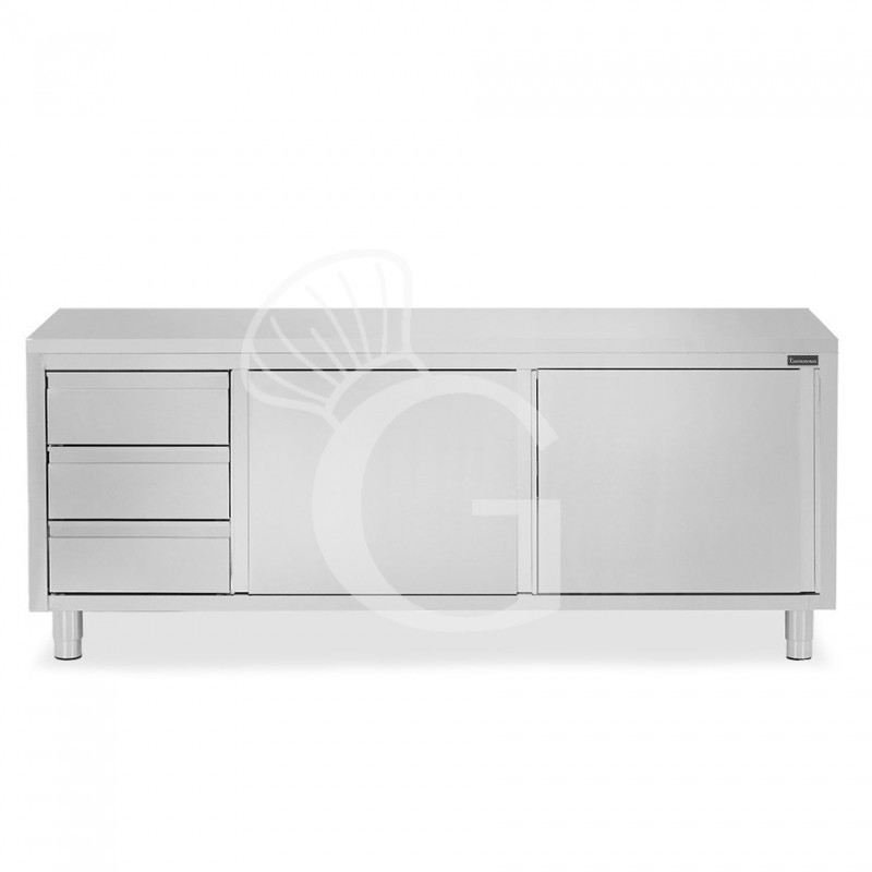 Tavolo armadiato, 2 porte scorrevoli, 3 cassetti sul lato sinistro, L 2200 mm x P 700 mm x H 850 mm Tavolo armadiato, 2 porte scorrevoli, 3 cassetti sul lato sinistro, L 2200 mm x P 700 mm x H 850 mm