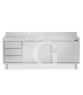 Tavolo armadiato,2 porte scorrevoli,3 cassetti a sinistra, alzatina, L2400 x P600 x H950mm