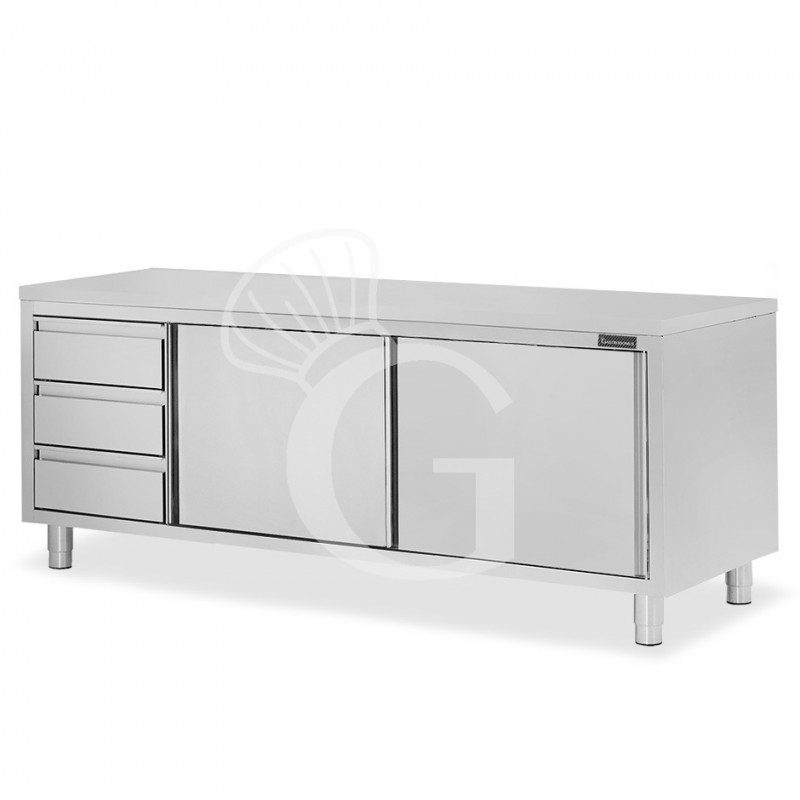 Tavolo armadiato, 2 porte scorrevoli, 3 cassetti sul lato sinistro, L 2400 mm x P 700 mm x H 850 mm