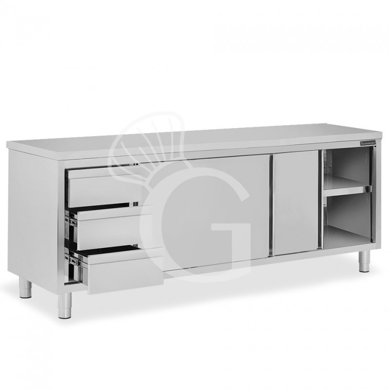 Tavolo armadiato, 2 porte scorrevoli, 3 cassetti sul lato sinistro, L 2400 mm x P 700 mm x H 850 mm