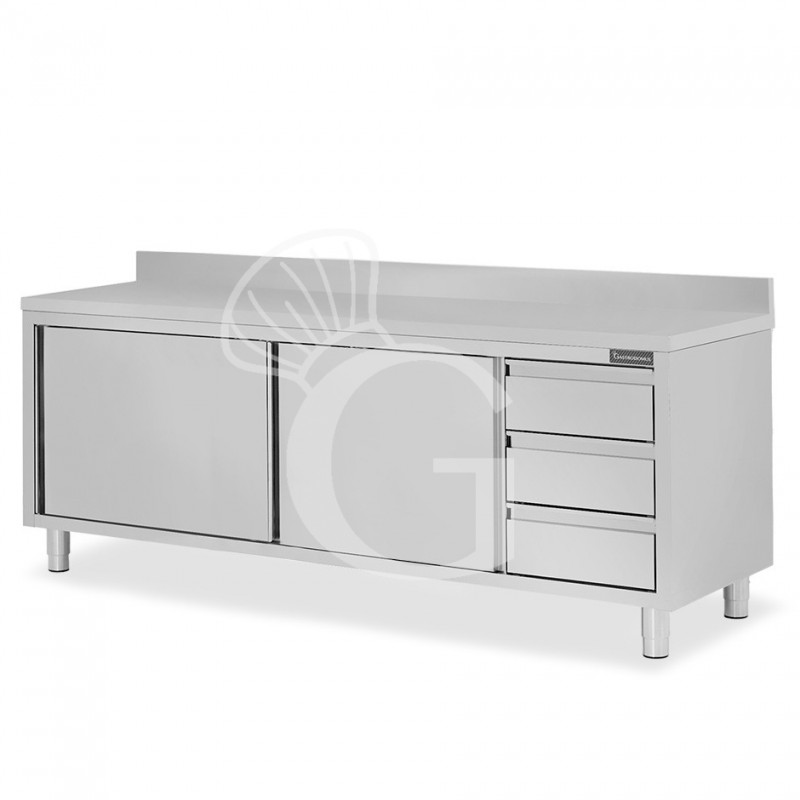 Tavolo armadiato,2 porte scorrevoli,3 cassetti a destra, alzatina, L2200 x P700 x H950mm