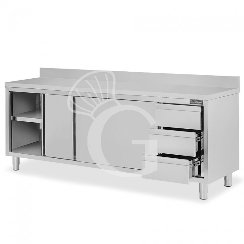 Tavolo armadiato,2 porte scorrevoli,3 cassetti a destra, alzatina, L2200 x P700 x H950mm