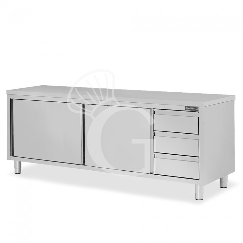 Tavolo armadiato, 2 porte scorrevoli, 3 cassetti sul lato destro, L 2300 mm x P 600 mm x H 850 mm