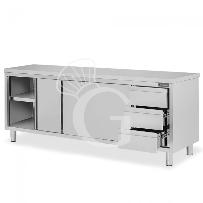 Tavolo armadiato, 2 porte scorrevoli, 3 cassetti sul lato destro, L 2300 mm x P 600 mm x H 850 mm
