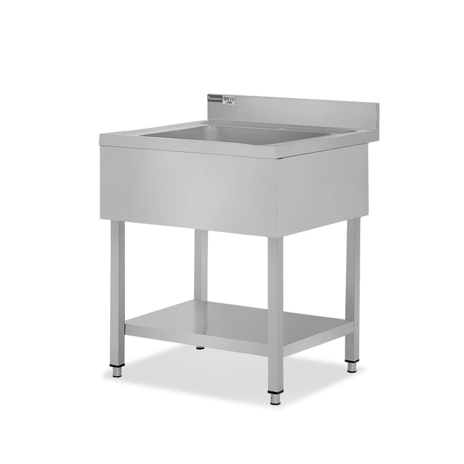 Lavandino semplice in acciaio inox, 1 ripiano, alzatina, 1 vasca, L 800 x P 700 x H 965 mm - con foro rubinetto Ø 32 mm