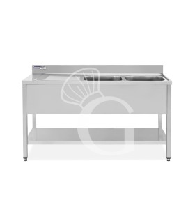 Lavello semplice con alzatina, 1 ripiano, 2 vasche, gocciolatoio a sinistra, L1400xP700xH965mm - con foro rubinetto Ø 32 mm