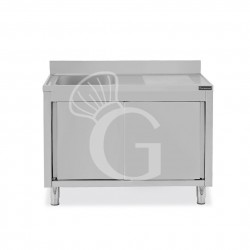 Lavello inox armadiato con porte scorrevoli,1 vasca,gocciolatoio a destra,alzatina,L1500xP700xH950mm