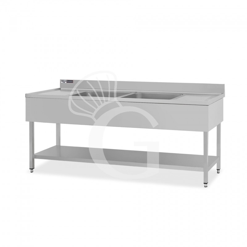 Lavello semplice con alzatina, 1 ripiano, 2 vasche, 2 gocciolatoi, L 2000 x P 700 x H 950 mm - con foro rubinetto Ø 32 mm