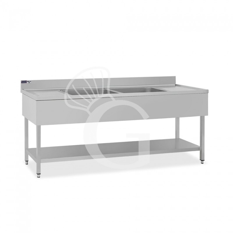 Lavello semplice con alzatina, 1 ripiano, 2 vasche, 2 gocciolatoi, L 2000 x P 700 x H 950 mm - con foro rubinetto Ø 32 mm