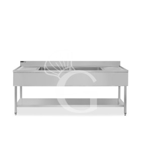 Lavello semplice con alzatina, 1 ripiano, 2 vasche, 2 gocciolatoi, L 2000 x P 700 x H 950 mm - con foro rubinetto Ø 32 mm