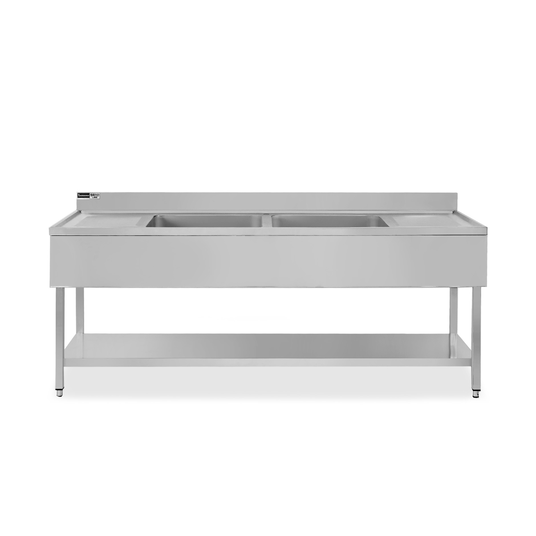 Lavello semplice con alzatina, 1 ripiano, 2 vasche, 2 gocciolatoi, L 2000 x P 700 x H 950 mm - con foro rubinetto Ø 32 mm