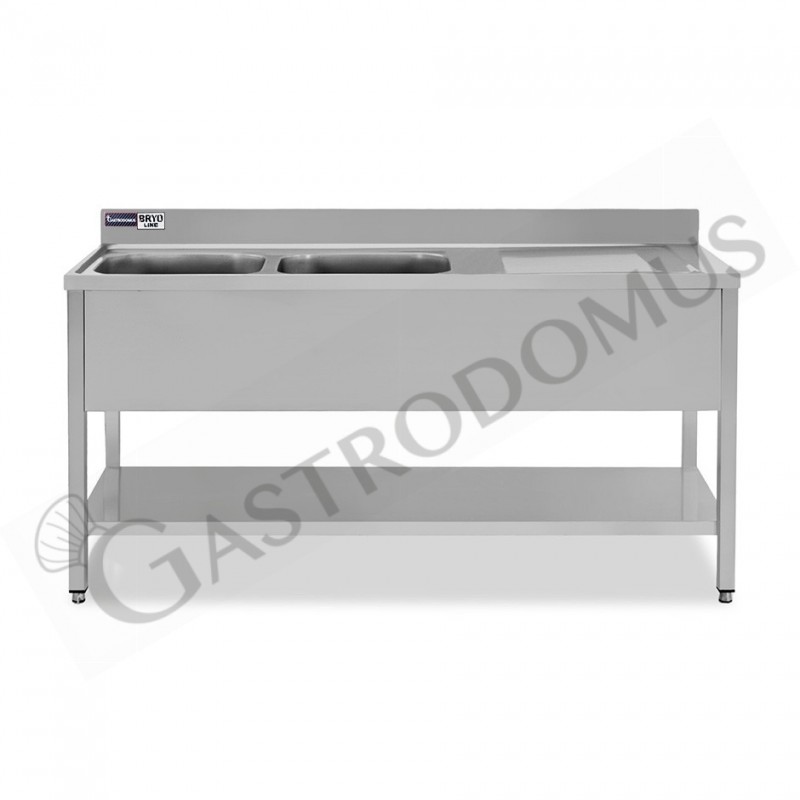 Lavello semplice con alzatina, 1 ripiano, 2 vasche, gocciolatoio a destra, L1800xP700xH965mm - con foro rubinetto Ø 32 mm Lavello semplice con alzatina, 1 ripiano, 2 vasche, gocciolatoio a destra, L1800xP700xH965mm - con foro rubinetto Ø 32 mm