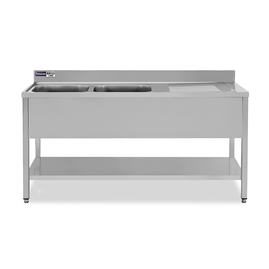 Lavello semplice con alzatina, 1 ripiano, 2 vasche, gocciolatoio a destra, L1800xP700xH965mm - con foro rubinetto Ø 32 mm