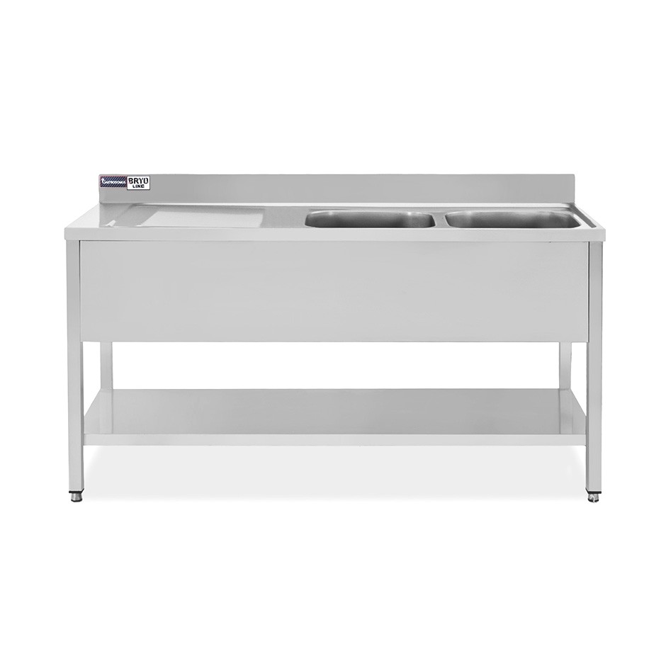Lavello semplice con alzatina, 1 ripiano, 2 vasche, gocciolatoio a sinistra, L1800xP700xH965mm - con foro rubinetto Ø 32 mm