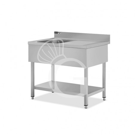 Lavello semplice 1 vasca e gocciolatoio a destra,ripiano,alzatina, L1100xP600xH965mm - con foro rubinetto Ø 32 mm Lavello semplice 1 vasca e gocciolatoio a destra,ripiano,alzatina, L1100xP600xH965mm - con foro rubinetto Ø 32 mm