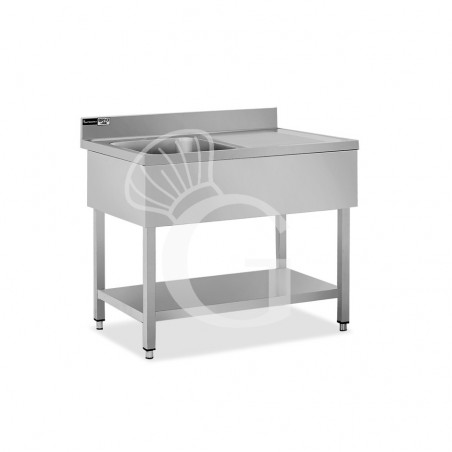 Lavello semplice 1 vasca e gocciolatoio a destra,ripiano,alzatina, L1100xP600xH965mm - con foro rubinetto Ø 32 mm Lavello semplice 1 vasca e gocciolatoio a destra,ripiano,alzatina, L1100xP600xH965mm - con foro rubinetto Ø 32 mm