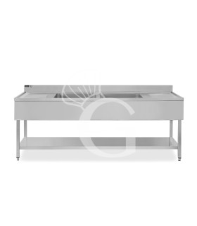 Lavello semplice con alzatina, 1 ripiano, 2 vasche, 2 gocciolatoi, L2400xP600xH965mm - con foro rubinetto Ø 32 mm
