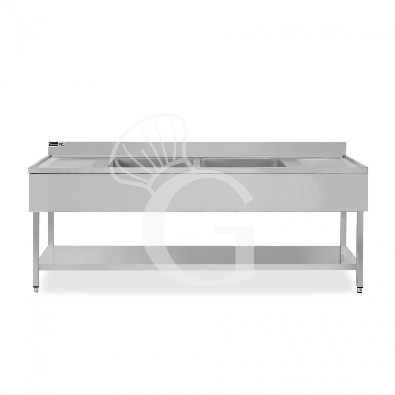 Lavello semplice con alzatina, 1 ripiano, 2 vasche, 2 gocciolatoi, L2400xP600xH965mm - con foro rubinetto Ø 32 mm