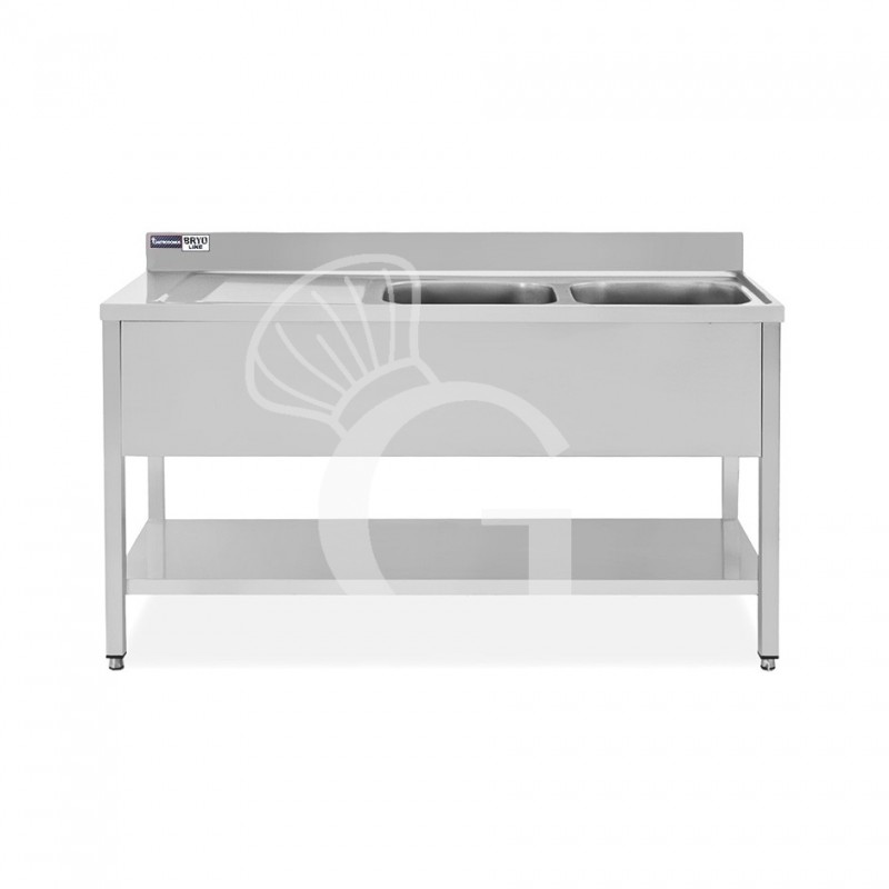Lavello semplice con alzatina, 1 ripiano, 2 vasche, gocciolatoio a sinistra, L1500xP600xH965mm - con foro rubinetto Ø 32 mm