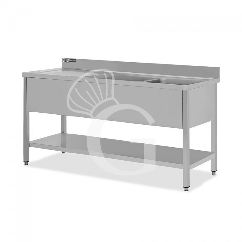 Lavello semplice con alzatina, 1 ripiano, 2 vasche, gocciolatoio a sinistra, L1900xP700xH965mm - con foro rubinetto Ø 32 mm