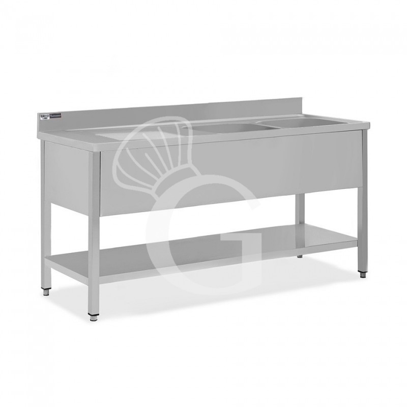 Lavello semplice con alzatina, 1 ripiano, 2 vasche, gocciolatoio a sinistra, L1900xP700xH965mm - con foro rubinetto Ø 32 mm