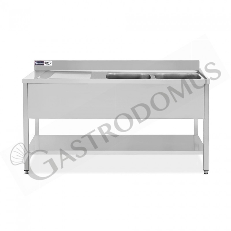 Lavello semplice con alzatina, 1 ripiano, 2 vasche, gocciolatoio a sinistra, L1900xP700xH965mm - con foro rubinetto Ø 32 mm Lavello semplice con alzatina, 1 ripiano, 2 vasche, gocciolatoio a sinistra, L1900xP700xH965mm - con foro rubinetto Ø 32 mm