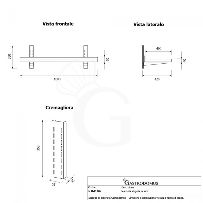 Ripiano in acciaio inox singolo, L 1000 mm x P 400 mm x H 350 mm