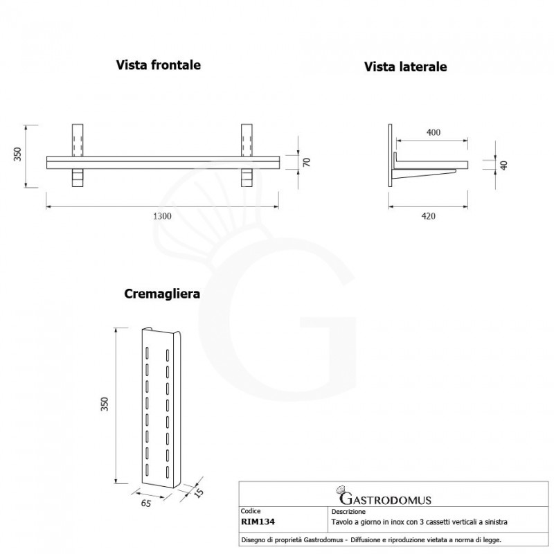Ripiano in acciaio inox singolo, L 1300 mm x P 400 mm x H 350 mm
