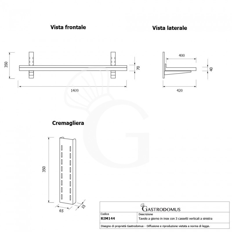 Ripiano in acciaio inox singolo, L 1400 mm x P 400 mm x H 350 mm