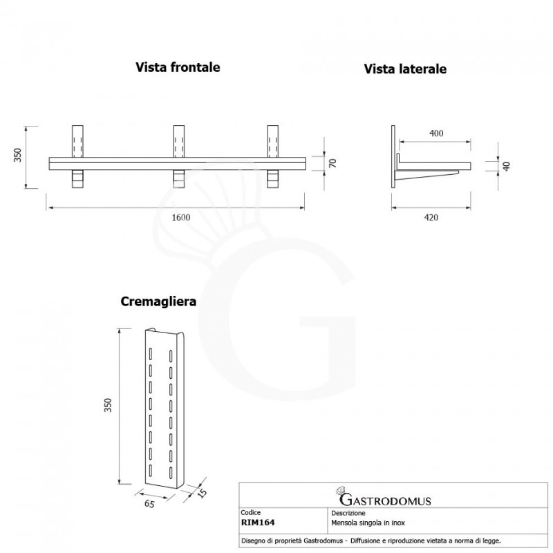 Mensola in acciaio inox singola, L 1600 mm x P 400 mm x H 350 mm
