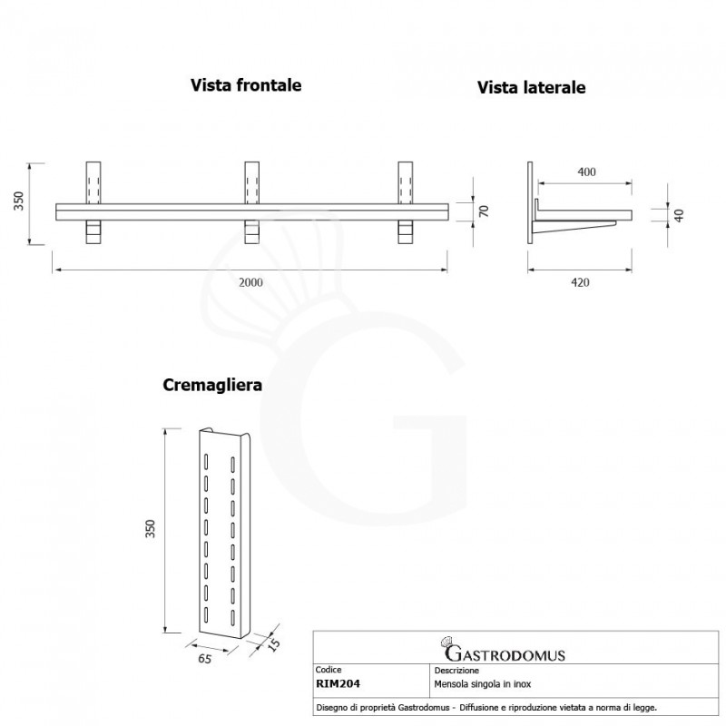 Ripiano in acciaio inox singolo, L 2000 mm x P 400 mm x H 350 mm