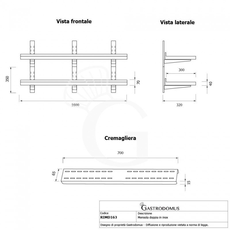 Ripiano in acciaio inox doppio, L 1600 mm x P 300 mm x H 700 mm