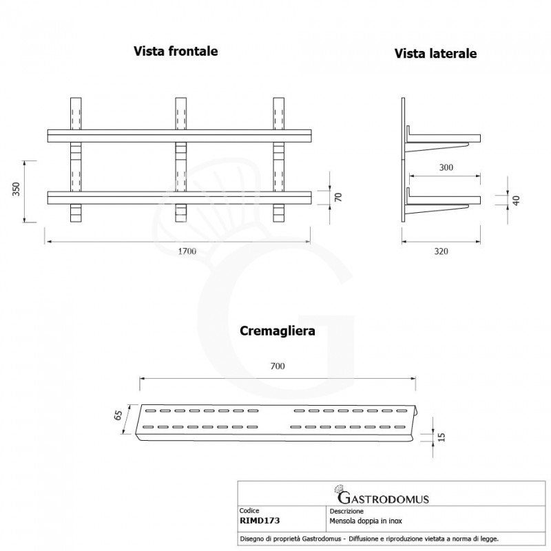 Mensola in acciaio inox doppia, L 1700 mm x P 300 mm x H 700 mm