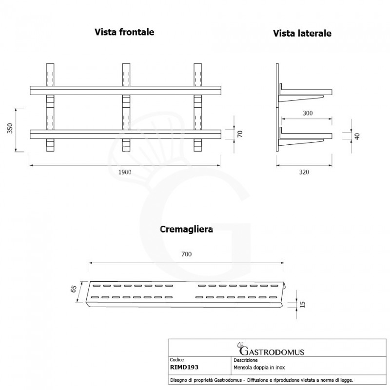 Mensola in acciaio inox doppia, L 1900 mm x P 300 mm x H 700 mm