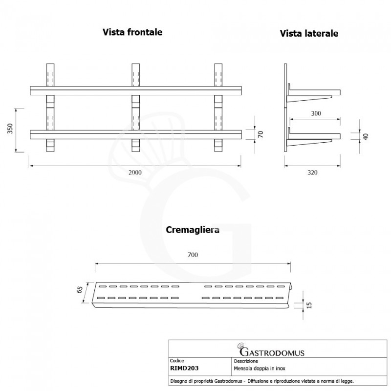 Mensola in acciaio inox doppia, L 2000 mm x P 300 mm x H 700 mm