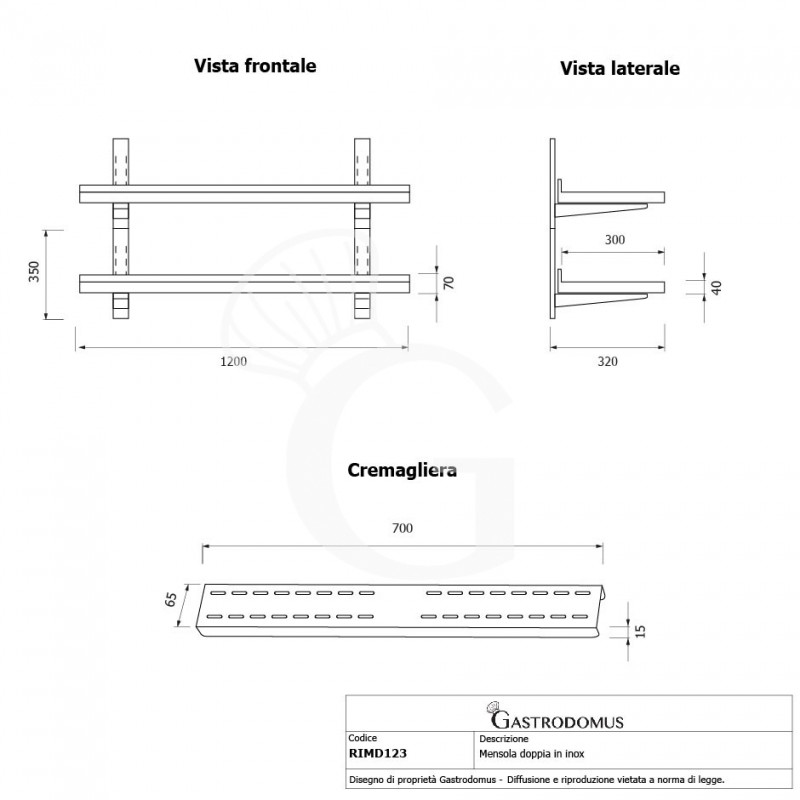 Mensola in acciaio inox doppia, L 1200 mm x P 300 mm x H 700 mm