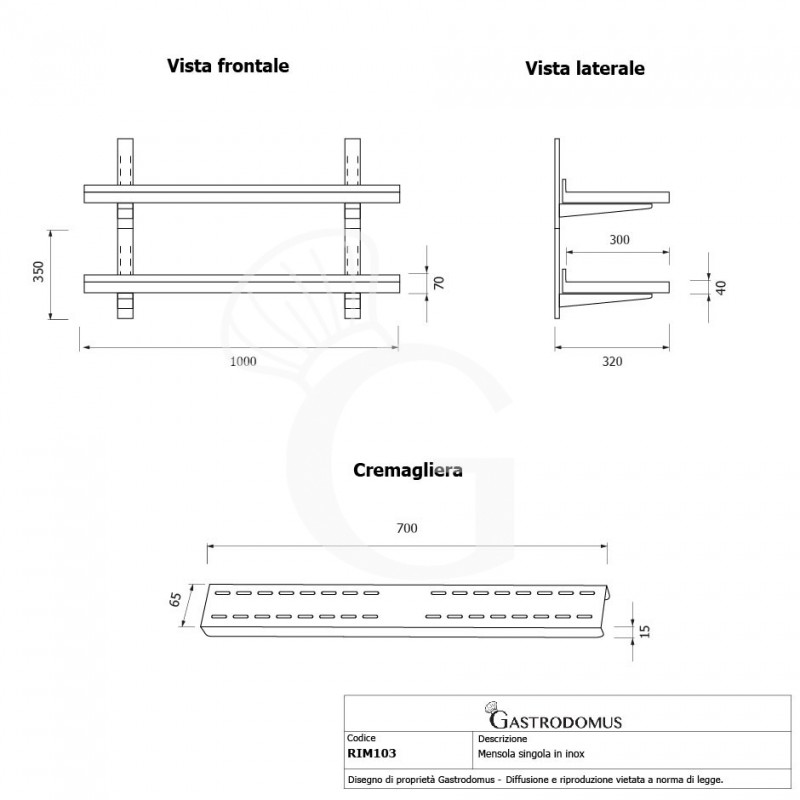 Ripiano in acciaio inox doppio, L 1000 mm x P 300 mm x H 700 mm